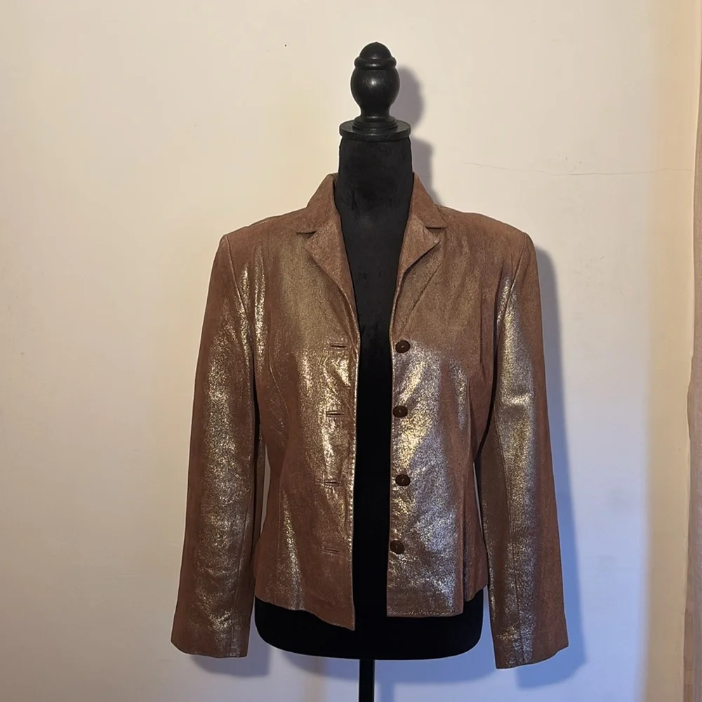 Express Vintage Anitique Gold Metallic Leather Blazer - Picture 2 of 6